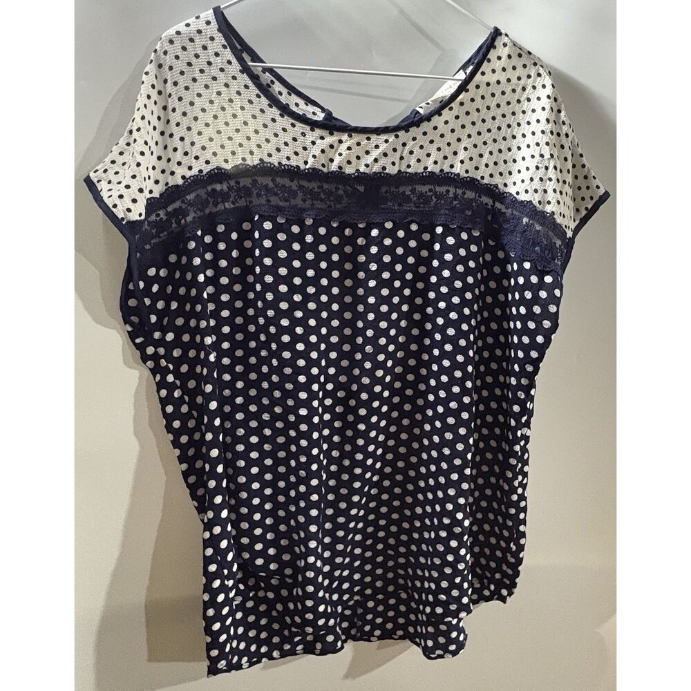 faith and joy Women’s Blouse 2X Plus Navy/White Polka Dot Lace Bow Cap Sleeve